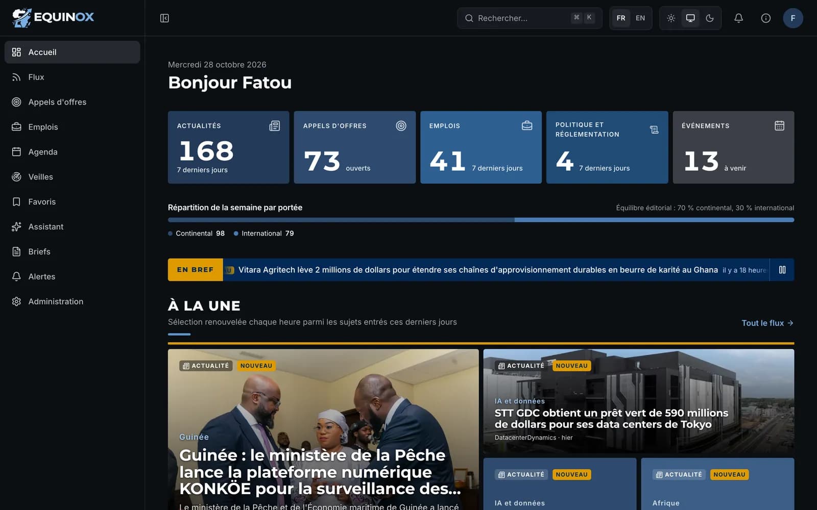 Tableau de bord EQUINOX : sujets marquants de la semaine et appels d'offres ouverts