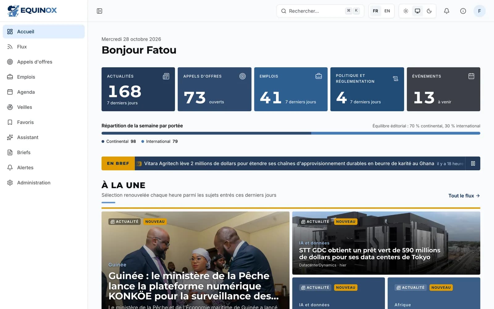Tableau de bord EQUINOX : sujets marquants de la semaine et appels d'offres ouverts