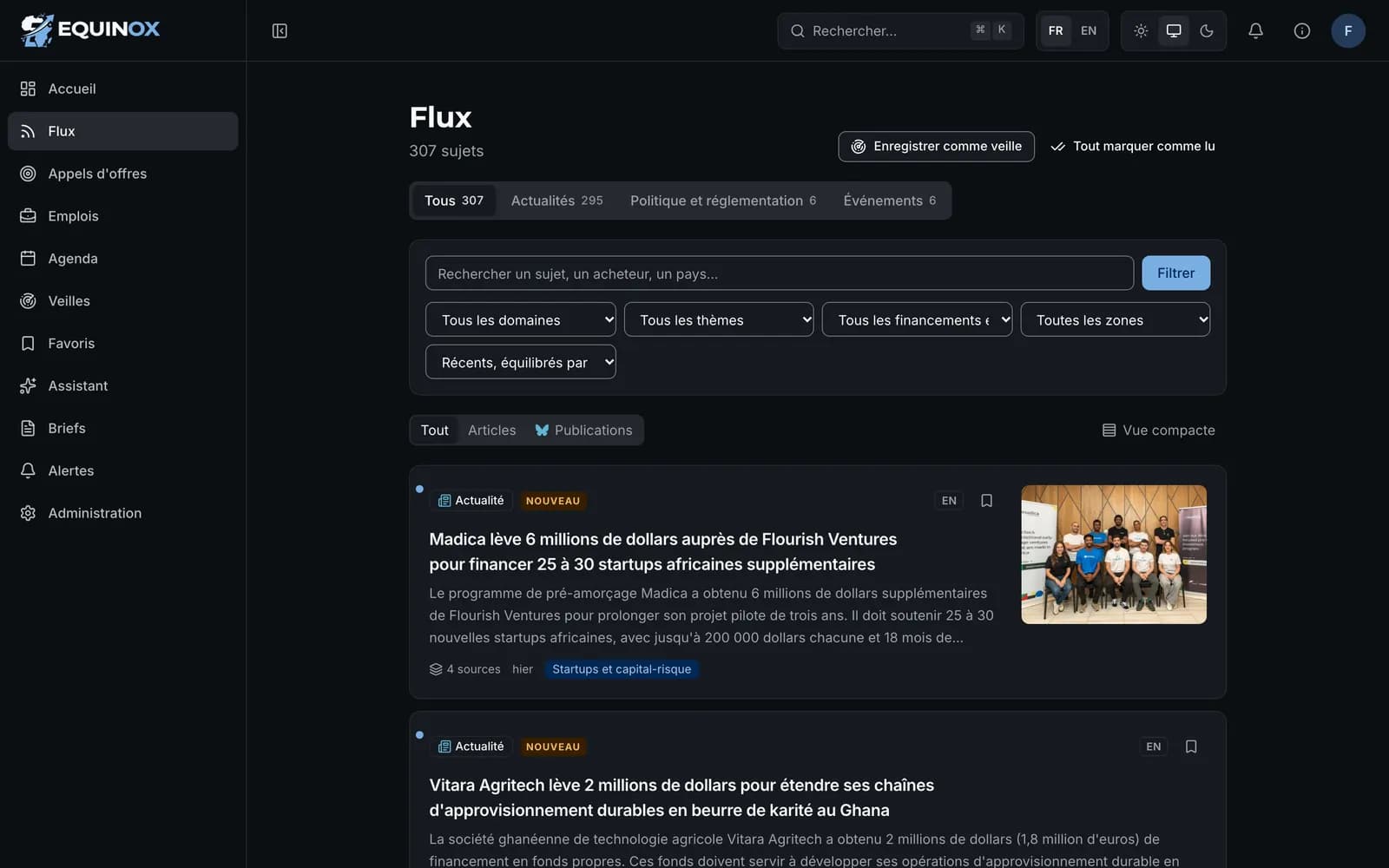 Flux d'actualité EQUINOX : sujets résumés, classés par type, thème et pays