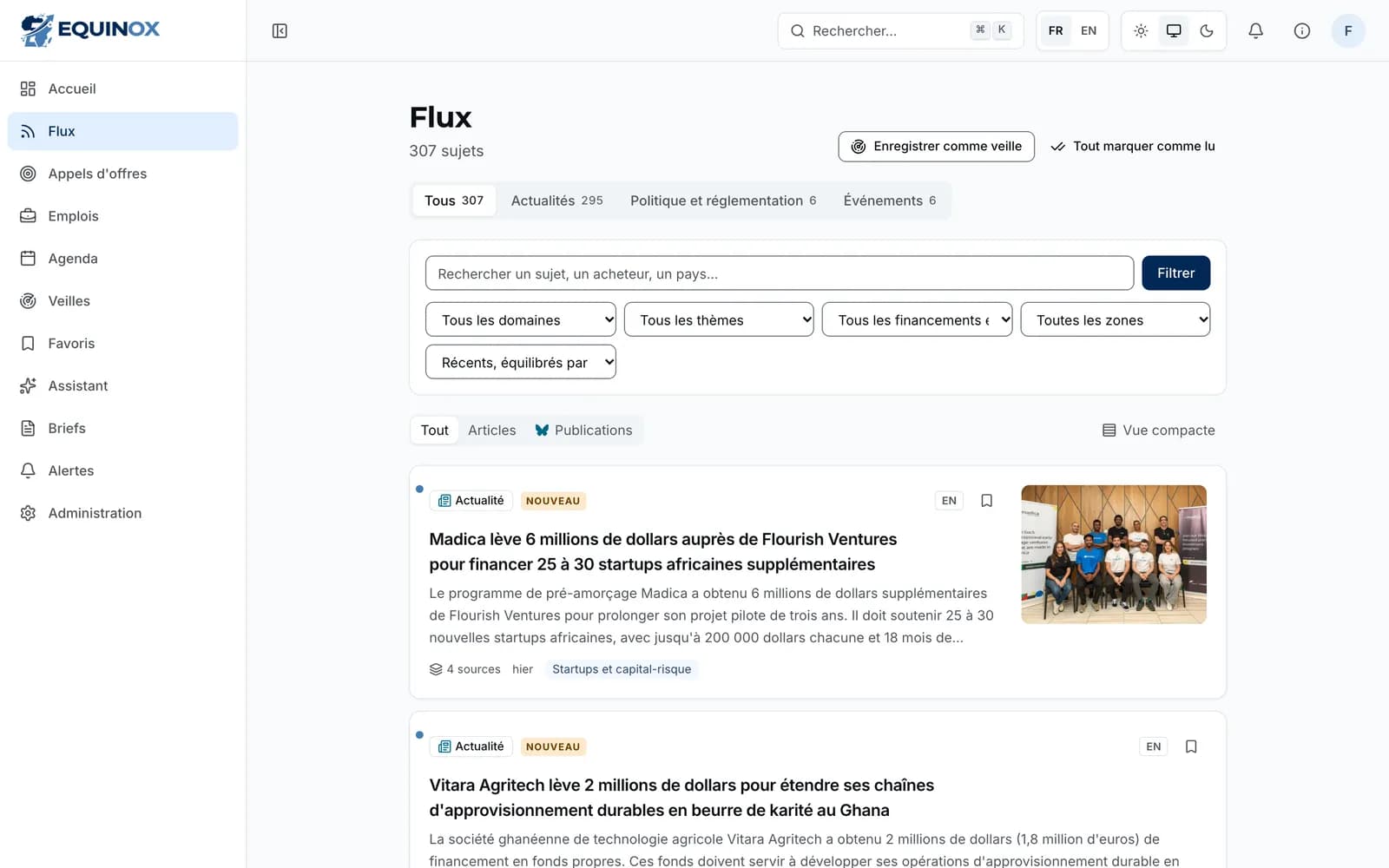 Flux d'actualité EQUINOX : sujets résumés, classés par type, thème et pays